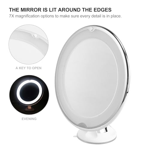 Baluue 7X Magnifying Makeup Mirror with Led, Round 8" Lighted Travel Vanity Tabletop Mirror, Portable Locking Suction Cup and 360° Rotation, Without Battery - size: 8"L x 8"W