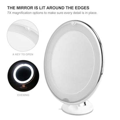 Baluue 7X Magnifying Makeup Mirror with Led, Round 8" Lighted Travel Vanity Tabletop Mirror, Portable Locking Suction Cup and 360° Rotation, Without Battery - size: 8"L x 8"W