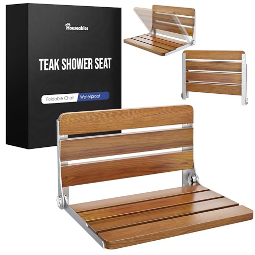 Folding Shower Bench, Folding Shower Seat Wall Mounted Wall Bench 17.5 Inch | Houseables Foldable Teak Chair, Fold Down/Up, Inside, Teakwood, for Adults, Elderly, Waterproof, Stainless Steel Frame