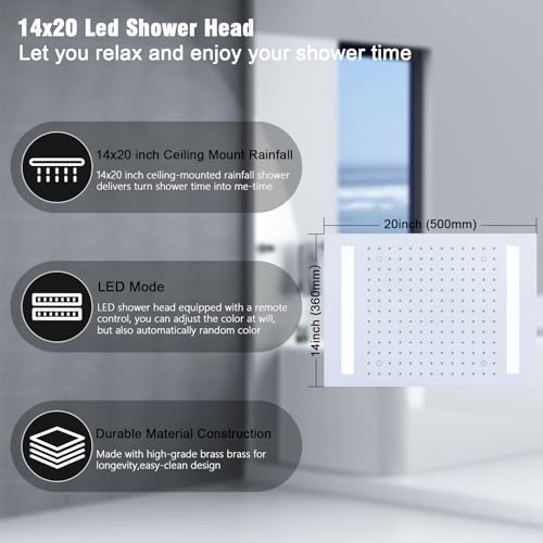 Thermostatic Shower System with 14x20 Inch Ceiling Mount LED Head & 6 Inch Wall Head and Handheld Shower 4 Function Vale with body jets Can All Run Together,Polished Chrome - color: Polished Chrome, style: 14x20 led+6 jets