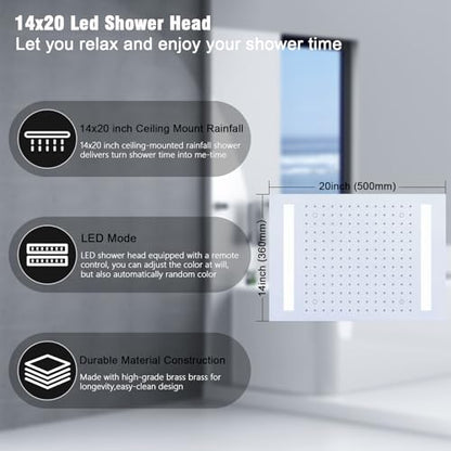 Thermostatic Shower System with 14x20 Inch Ceiling Mount LED Head & 6 Inch Wall Head and Handheld Shower 4 Function Vale with body jets Can All Run Together,Polished Chrome - color: Polished Chrome, style: 14x20 led+6 jets