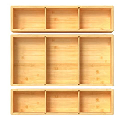 DUJEN Bamboo Drawer Organizer 12.5'' X 12.5'' X 2'', Adjustable 3 Individual Junk Drawer organizer for Bathroom and Kitchen, Wood Drawer Tea Organier Boxes for Silverware, Make up and Tea Bag - size: 1 piece 12.5X6.2 & 2 pieces 12.5X3.1