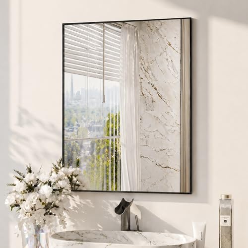 30" x 36" Matte Black Bathroom Mirror, 36x30 Metal Framed Wall Decor, Large Rectangular Accent Mirror for Mantel & Vanity, Minimalist Design - color: Black, size: 36"L x 30"W