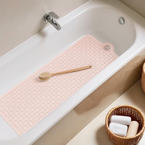 OTHWAY Bath Mat for Tub Non Slip: 39" X 17" Long Bathtub Mat with Hair Catcher│Big Drain Holes Shower Mats for Inside Shower│Machine Washable (Pink) - color: Pink