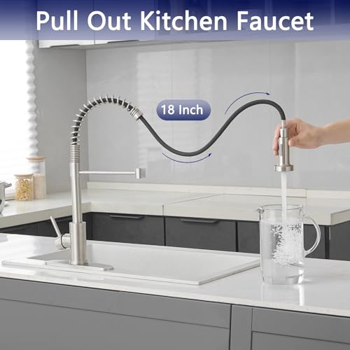 VOTON Kitchen Faucets with Pull Out Sprayer Commercial Spring Sink Faucet Stainless Steel Brushed Nickel Pull Down Single Handle Farmhouse faucets with Deck Plate for Camper Laundry Utility Rv Wet Bar - color: Brushed Nickel