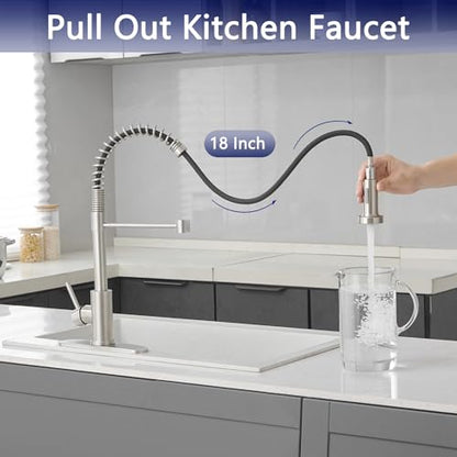 VOTON Kitchen Faucets with Pull Out Sprayer Commercial Spring Sink Faucet Stainless Steel Brushed Nickel Pull Down Single Handle Farmhouse faucets with Deck Plate for Camper Laundry Utility Rv Wet Bar - color: Brushed Nickel