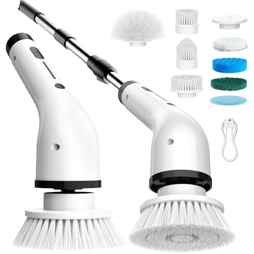 Electric Spin Scrubber, 3-Speed Flat End Brush with 8 Brush Heads & Base, Adjustable Long Handle, Digital Display, 2500mAh Fast Charging, for Bathroom, Tub, Tile, Floor（White - color: White