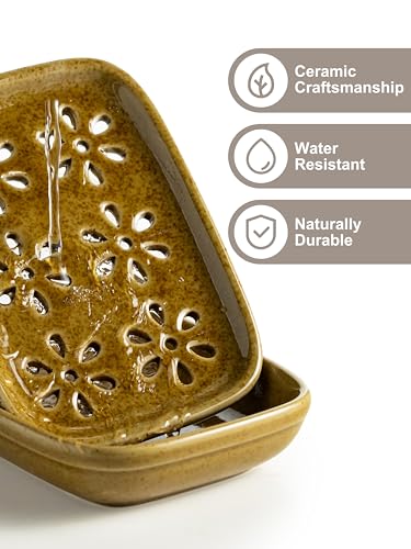 Miamolo 2 Layer Soap Dishes for Shower with Drainage, Keep Soap Bars Dry | Ceramic Bar Soap Holder Saver, Self Draining Top, Removable Drip Tray Non-Slip, Bathroom Kitchen Sink Dishwasher Safe, Yellow - color: Yellow