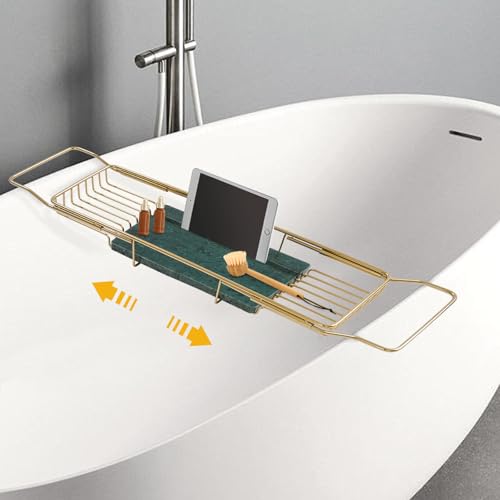 Expandable Bathtub Tray, Stainless Steel Bath Tub Caddy with Marble Base, Adjustable Over Tub Rack with Phone Tablet Holder, Bathtub Organizer (Gold) - color: Gold