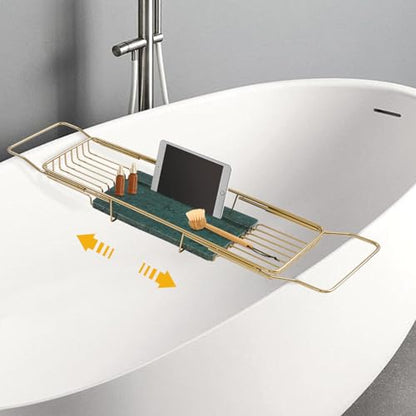 Expandable Bathtub Tray, Stainless Steel Bath Tub Caddy with Marble Base, Adjustable Over Tub Rack with Phone Tablet Holder, Bathtub Organizer (Gold) - color: Gold