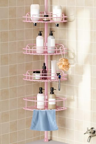 HAMITOR Corner Shower Caddy Tension Pole: 4-Tier Rust-Resistant Adjustable Bathroom Organizer Shelves - 47.72-123.6 Inch No-Drill Quick Installation - Space-Saving Storage for Renters Family - Pink - color: Pink