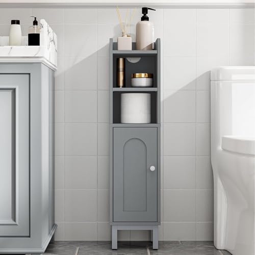 Hzuaneri Bathroom Storage Cabinet, Small Corner Floor Cabinet | Narrow Toilet Paper Holder, Bathroom Organizer with Adjustable Shelf, 2 Doors, for Small Spaces, Gray BC08221GR - color: Grey, size: 7.9"D x 7.9"W x 32.7"H