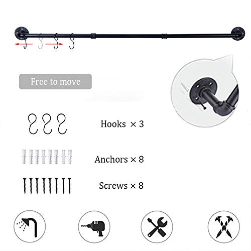 Industrial Pipe Towel Bar Rack, 50.4 Inch Black Towel Rod with 3 Hooks, Wall Mount Bath Towel Rack Holder, Rustic Bathroom Hardware Towel Bar Accessory - size: 50.4 inches