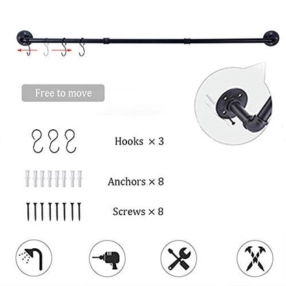 Industrial Pipe Towel Bar Rack, 50.4 Inch Black Towel Rod with 3 Hooks, Wall Mount Bath Towel Rack Holder, Rustic Bathroom Hardware Towel Bar Accessory - size: 50.4 inches