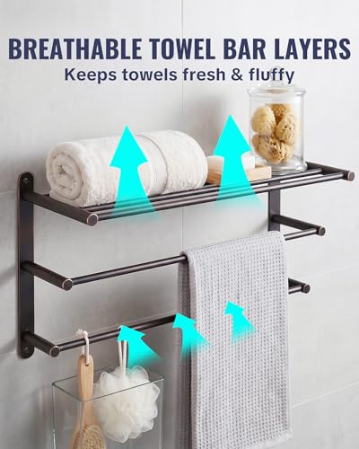 Bathroom Towel Rack Wall Mounted: 24 Inch Oil Rubbed Bronze Towel Rack with Double Towel Bar - SUS304 Stainless Steel Bath Towel Holder with Shelf for Hotel Lavatory - color: Oil Rubbed Bronze