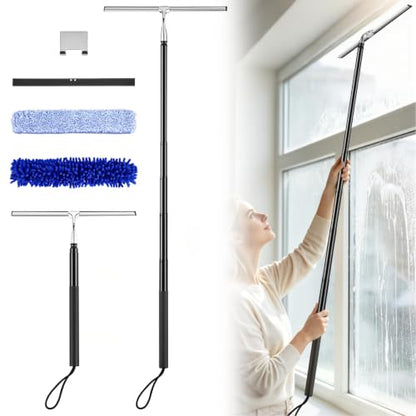 2-in-1 Window Shower Squeegee with Extension Pole for Glass Doors | Professional Window Cleaner Tool, 14" Wide Washing Equipment for High Outside Glass, Solar Panels, Shower, Car Windshield