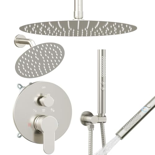 Shower Systems Shower Faucet Sets STARBATH 3 Way 12+6" Round Dual Rainfall Shower Head with Handheld Spray, Ceiling Mounted Rain Shower Valve with 5 Diverter and Trim Kit Complete, Brushed Nickel - color: Brushed Nickel, size: 6+12 inch-04