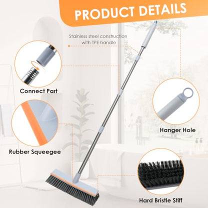 Floor Scrub Brush with 45" Long Handle, 2-in-1 Heavy-Duty Scrub Brush Broom | Stiff Bristle Scrubbing Brushes with Scrape Squeegee for Cleaning Bathroom, Kitchen, Patio, Pool, Garage, Tile, Wall, Deck