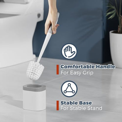 Holaloha Toilet Brush and Holder Set, Space Saving, 2 Pack, White | Bathroom Accessories, Ergonomic Silicone Handle, Dense Bristles, Deep Cleaning, Scrubber, Compact Design - color: White