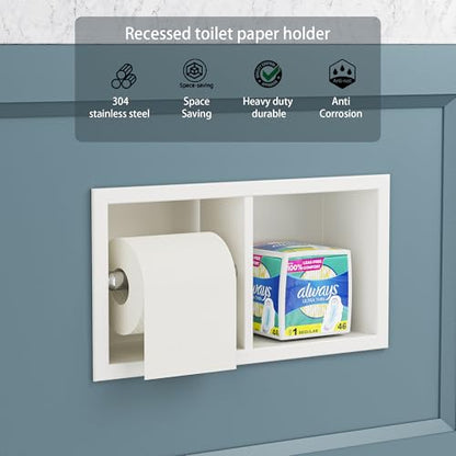 Neodrain White Recessed Toilet Paper Holder,for Standard/Mega Roll | Dual Roll, 304 Stainless Steel, Hidden In-Wall, Simple Loading and Unloading, Space-Saving for Modern Bathrooms & RV - color: White