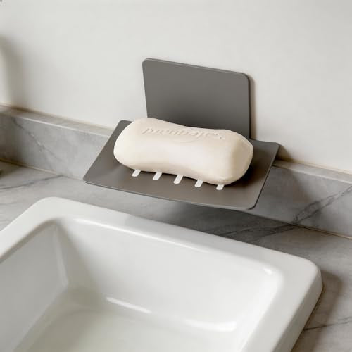 Soap Dishes for Bathroom, Bar Soap Holder with Self Draining Tray, Soap Tray for Shower Wall, 4 Slot Self-Adhesive Soap Container (Gun Grey) - color: Grey 1pack