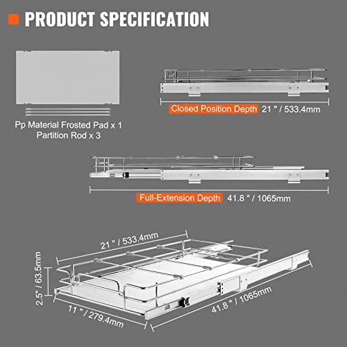 VEVOR 12.5"Wx21"Dx3.5"H Pull Out Cabinet Organizer, Heavy Duty Slide Out Pantry Shelves, Chrome-Plated Steel Roll Out Drawer, Drawer Storage for Home Under Sink, 14"Wx22"Dx7"H Install Size for Cabinet - size: 12.5"Wx21"D