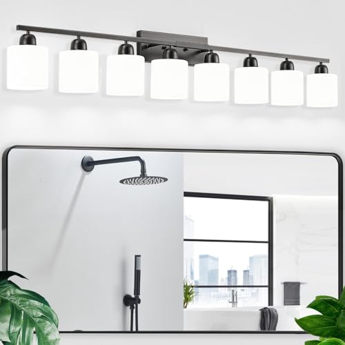 8 Light Black Bathroom Light Fixtures Over Mirror for Big Mirror, Modern Bathroom Lighting with Milky White Frosted Glass Shades,51 inch Lights for Vanity for Mirrors, E26 - color: Black & Milky White Glass, size: 8-Light