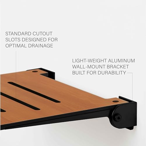 Seachrome 18 inch Silhouette Slimline Folding Wall Mount Shower Bench Seat, Teak Seat with Matte Black Frame - color: Teak Seat With Matte Black Frame