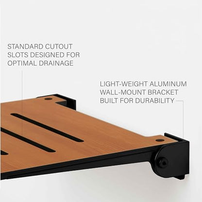 Seachrome 18 inch Silhouette Slimline Folding Wall Mount Shower Bench Seat, Teak Seat with Matte Black Frame - color: Teak Seat With Matte Black Frame