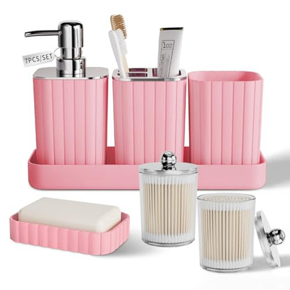 XLHOMO Bathroom Accessory Set - Gorgeous Bathroom Set, 7PC Pink Bathroom Set, Soap Dispenser, Toothbrush Holder, Qtip Holder, Bathroom Sets Complete, Bathroom Sink Set for Home Decor - style: Pink&Silver