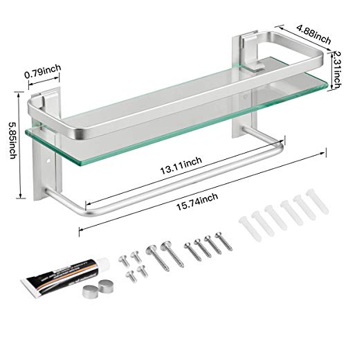 Glass Shelf with Towel Bar 15.7in Silver Bathroom Shelf Wall Mount Rustproof Bathroom Wall Organizer 1 Tier (Silver) - style: 1 tier with towel bar silver
