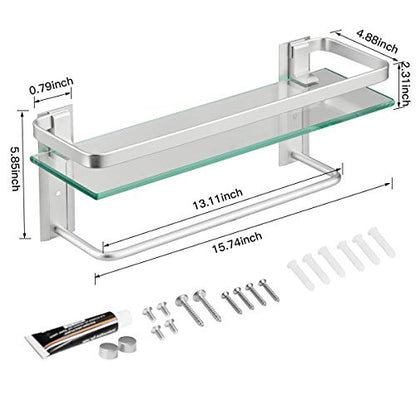 Glass Shelf with Towel Bar 15.7in Silver Bathroom Shelf Wall Mount Rustproof Bathroom Wall Organizer 1 Tier (Silver) - style: 1 tier with towel bar silver