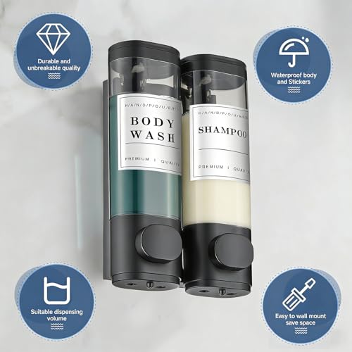 Shampoo and Conditioner Dispenser Bathroom Shower Soap Dispenser Wall Mounted Shampoo Dispenser for Shower Wall No Drill 2 * 300ml Black 2 Chamber with Waterproof Labels - color: Black 2