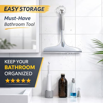 Shower Squeegee for Glass Shower Doors Bathroom Tile Mirror – Streak-Free Silent Window Cleaner with Non-Slip Handle and Adhesive Hook for Car and Home Cleaning