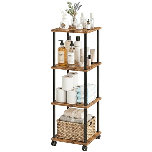 4-Tier 38.2" Tall Rustic Brown Bathroom Shelving Unit with Wheels | Wood Finish, Metal Frame, Rolling Narrow Open Shelf Design, for Laundry Room, Kitchen, Living Spaces, Easy to Move - color: Rustic Brown, size: 4-Tier