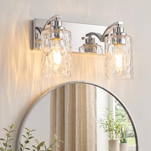 2-Light Bathroom Light Fixtures Modern Chrome Vanity Lights | Easy to Install Clear Hammered Glass Shades, Rippled Glow, Wall Mount Up or Down, E26 Socket, Hardwired, 120V - color: Chrome Hammer, size: 2 Lights