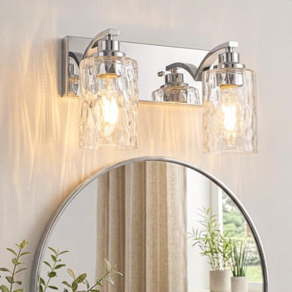 2-Light Bathroom Light Fixtures Modern Chrome Vanity Lights | Easy to Install Clear Hammered Glass Shades, Rippled Glow, Wall Mount Up or Down, E26 Socket, Hardwired, 120V - color: Chrome Hammer, size: 2 Lights