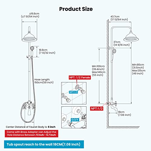 gotonovo Exposed Shower System with Spout,Polished Gold,No Shower Shelf | Brass Shower Faucet Set,8’’ Rain Head with Handheld Spray,Swivel Tub Spout,2 Cross Handle,6’’ Hole Distance,Adjustable Height - color: Bright Gold