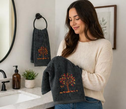 Serafina Home Harvest Fall Bathroom Guest Hand Embroidered Towels 2 Pc Set: Autumn Tree Design Bath Plush Grey Gray Towels, 100% Cotton, 16" x 25" Inches, Oeko-TEX Certified - color: Autumn Tree Grey