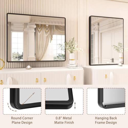 pertetey 40 x 32 in Rounded Rectangle Bathroom Mirror, Black Metal Frame | Black Metal Frame, Rounded Rectangle Design, Tempered Glass, Wall Mounted - size: 40"L x 32"W
