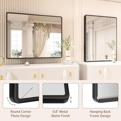 pertetey 40 x 32 in Rounded Rectangle Bathroom Mirror, Black Metal Frame | Black Metal Frame, Rounded Rectangle Design, Tempered Glass, Wall Mounted - size: 40"L x 32"W