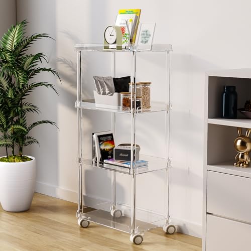 AQUIVER Acrylic Slim Storage Cart - 4 Tiers Narrow Rolling Cart - Utility Cart for Kitchen, Bathroom, Living Room, Laundry - 15.6 '' L x 10.2 '' W x 33.9 '' H