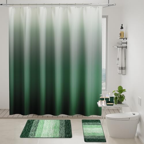 XLHOMO Dark Green Bathroom Accessories Set with Wicker Trash Can Shower Curtain and Rugs,Bathroom Sets Small Waste Basket Bathroom Trash Can for Bedroom Bathroom - size: Wicker Bathroom Set+Shower Curtain+Bath Rugs, style: Dark Green