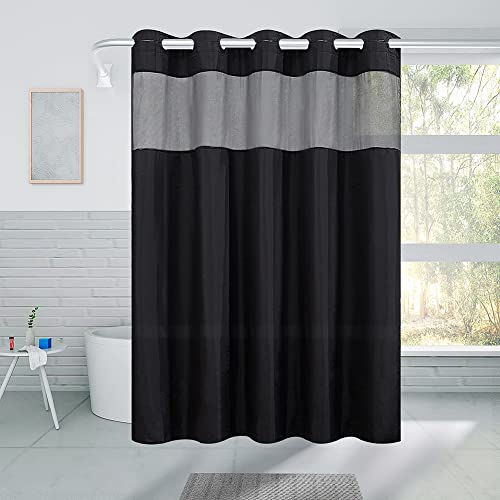 Furlinic Black No Hook Small Stall Shower Curtain 48x78 Inch,Washable Fabric Shower Curtain Liner with See Through Window,Half Narrow Hotel Style Waterproof Shower Curtains for Bathrrom - color: Black, size: 48"W x 78"L (Pack of 1)