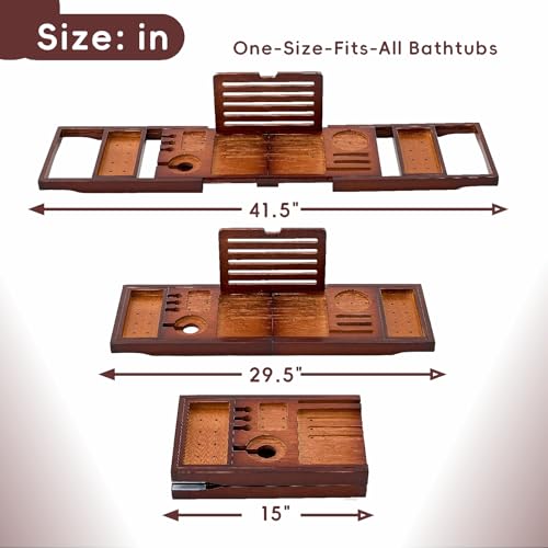 Bamboo Bathtub Tray, Expandable Foldable Bath Caddy, Walnut | 29-42“ Bath Shelf Over Tub with Phone, Tablet & Wine Holders, Locking Design for Spa Bathroom Accessories & Gifts - color: A-walnut