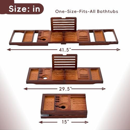 Bamboo Bathtub Tray, Expandable Foldable Bath Caddy, Walnut | 29-42“ Bath Shelf Over Tub with Phone, Tablet & Wine Holders, Locking Design for Spa Bathroom Accessories & Gifts - color: A-walnut
