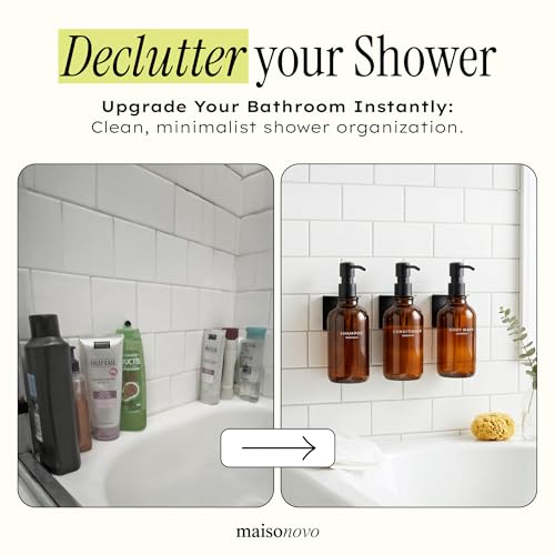 Shampoo and Conditioner Dispenser Wall Mounted Set of 3 Amber Black - No Drill Shower Soap Dispenser for Bathroom Refillable - Spa Hotel Style Accessories by MaisoNovo | No Drill Wall Mount - Shower Soap Dispenser · Holds Body Wash or Hand Soap · Wall Soa