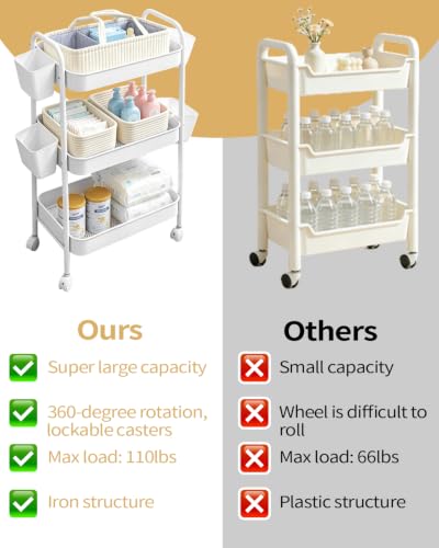 3 Tier Rolling Cart Organizer with Wheels, Metal Utility Storage Cart for Nursery, Bathroom, Kitchen, Craft Room & Laundry Room, Includes Hanging Baskets and Rope Storage Bin, White