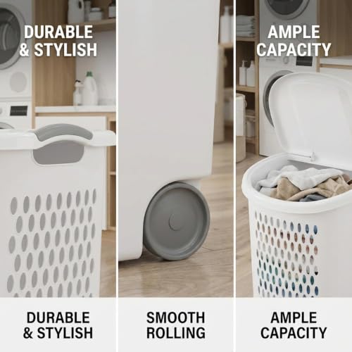 Plastic Laundry Hamper, Adult-Sized White Clothes Basket with Wheels, Large White Plastic Clothes Basket for Home, Dorm or Laundry Room