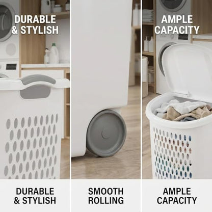Plastic Laundry Hamper, Adult-Sized White Clothes Basket with Wheels, Large White Plastic Clothes Basket for Home, Dorm or Laundry Room